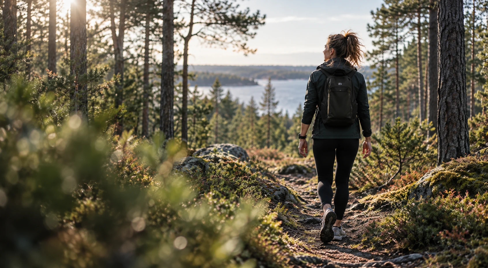Kvinna på promenad längs en skogsstig.