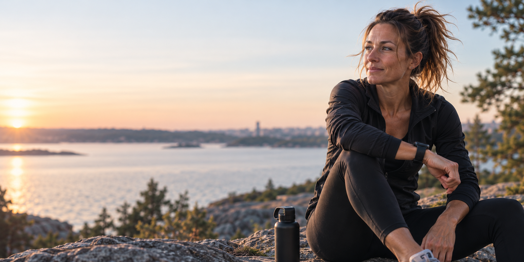 Kvinna i träningskläder sitter utomhus vid vattnet och vilar efter ett träningspass.